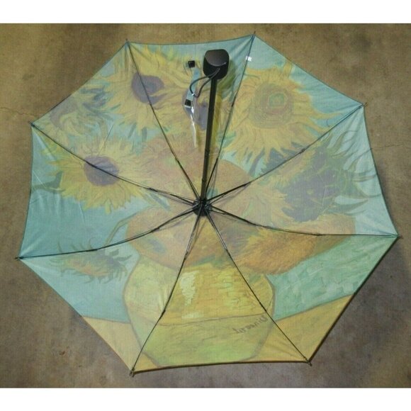 Sunflowers Van Gogh Print Compact Travel Rain Umbrella Unisex Gold Turquoise NWT - Picture 6 of 7